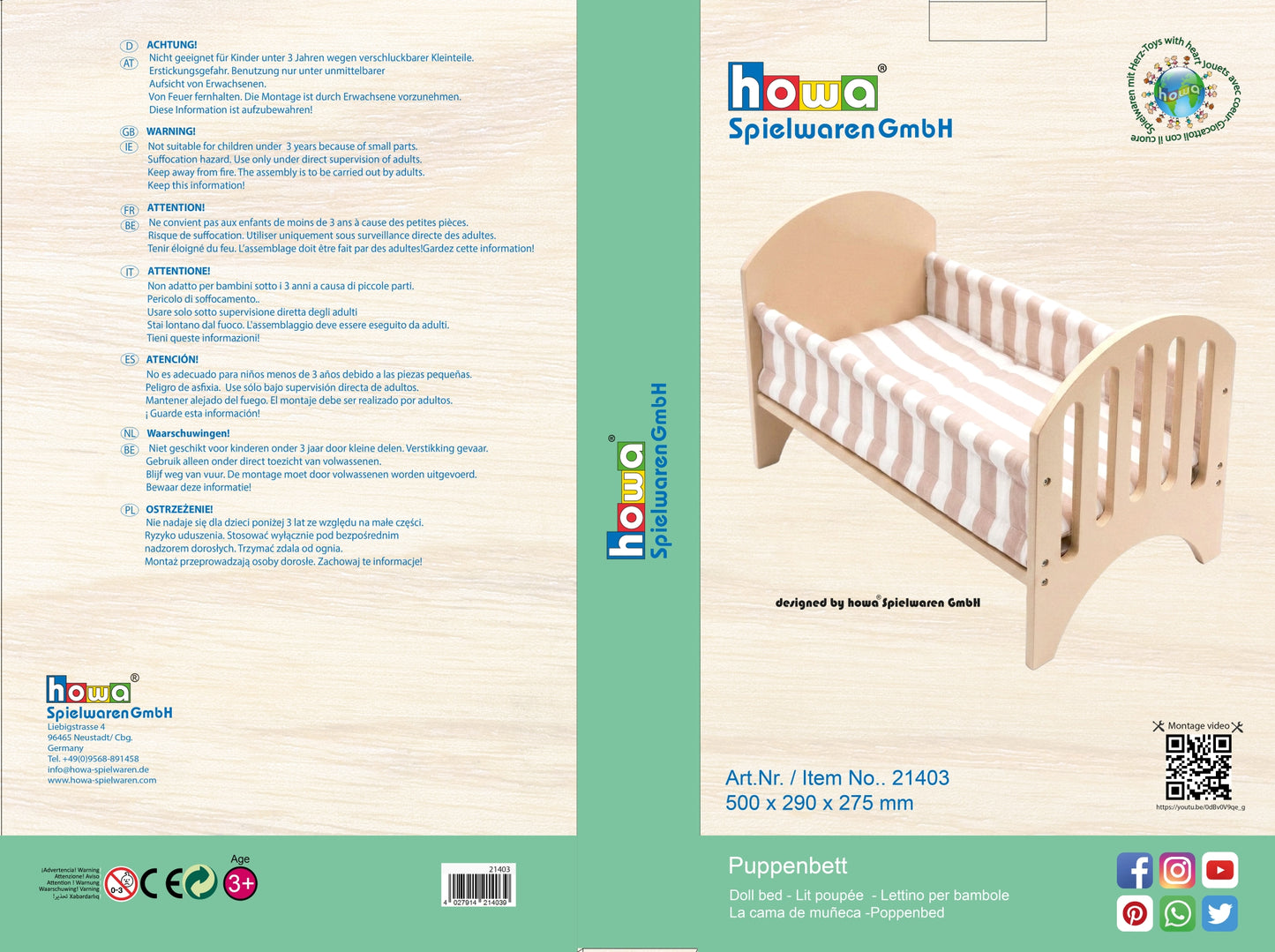howa lettino per bambole “stripes” in legno con cuscino e coperta 21403