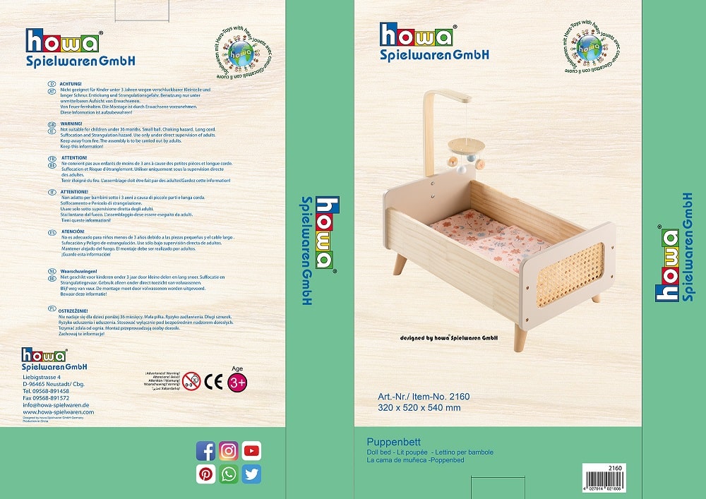 howa Puppenbett aus Holz "miniflowers" mit Mobile inkl. Bettzeug apricot 2160