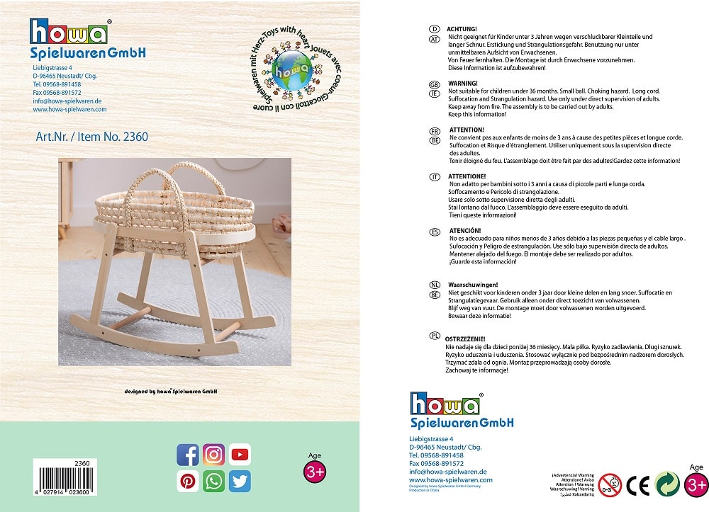 howa Puppenwiege aus Holz "miniflowers" mit herausnehmbarem Puppentragekorb 2360