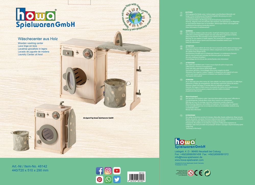 howa Kinderwaschmaschine aus Holz "Lucky" mit Wäscheleine, Bügelbrett, Wäschekorb und Bügeleisen 48142