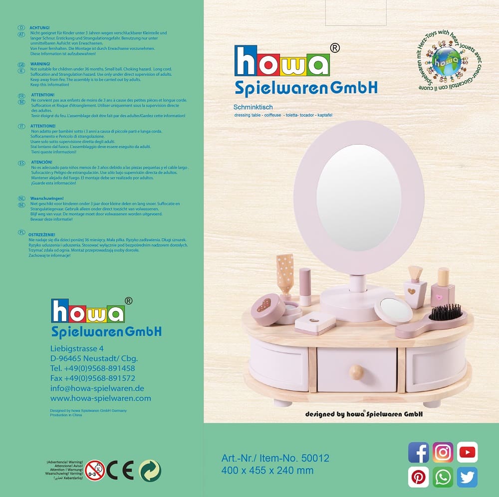 howa Schminktisch aus Holz für Kinder inkl. 8 tlg. Zubehör und Herzaufklebern 50012