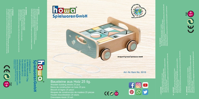 howa Nachziehwagen aus Holz mit 25 Holzbausteinen "Space" 6018