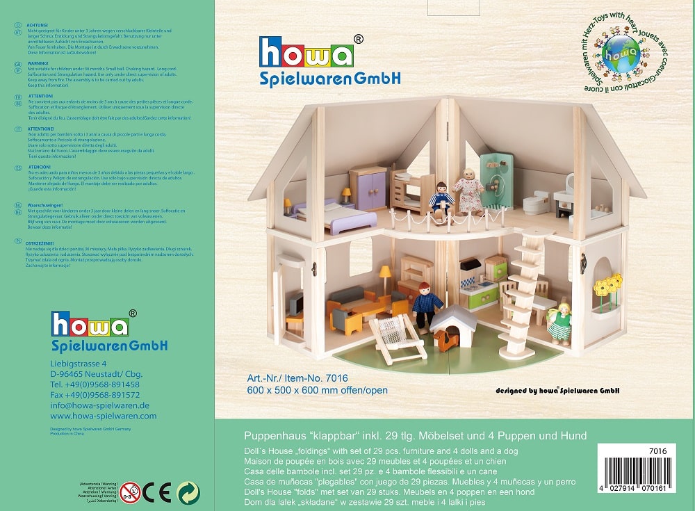 howa Puppenhaus aus Holz klappbar inkl. 30tlg. Möbelset, 4 Puppen und Hund 7016