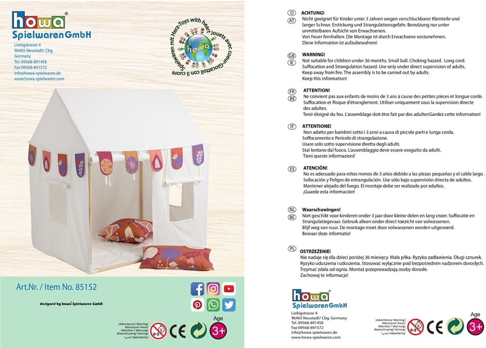 howa Bundle Kinderzelt Spielzelt Indoor mit Girlande und 2er Set Kissenbezüge "colorful red" 85152