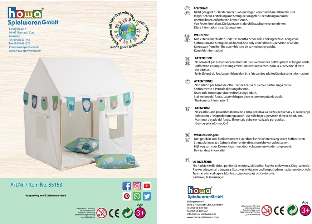 howa Bundle Kinderzelt Spielzelt Indoor mit Girlande und 2er Set Kissenbezüge "colorful blue" 85153