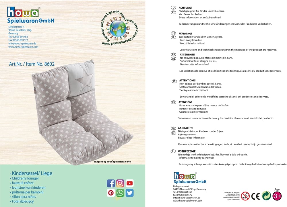 howa 2 in 1 Kindersessel + Kinderliege - Lehne 6 fach verstellbar "Stars" grau 8602