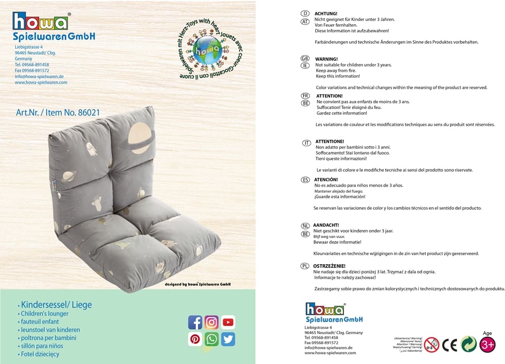 howa 2 in 1 Kindersessel + Kinderliege - Lehne 3-fach verstellbar "Space" grau, Glanzeffekt 86021