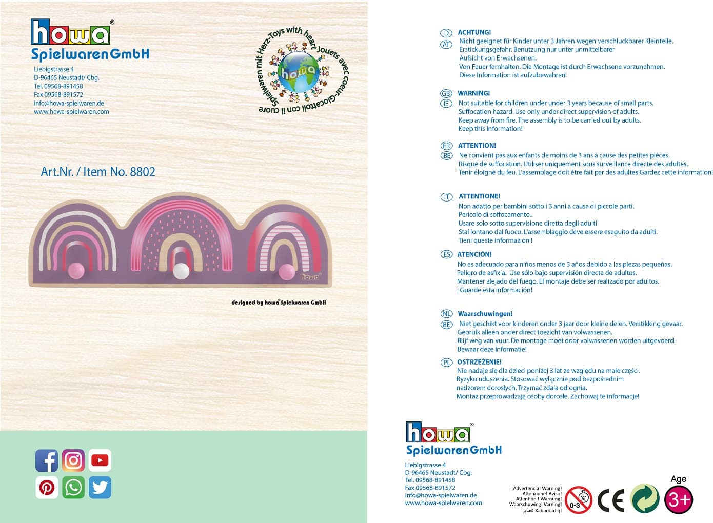 howa Garderobe aus Holz für Kinder "Rainbow" malve, bunt - personalisiert 88029