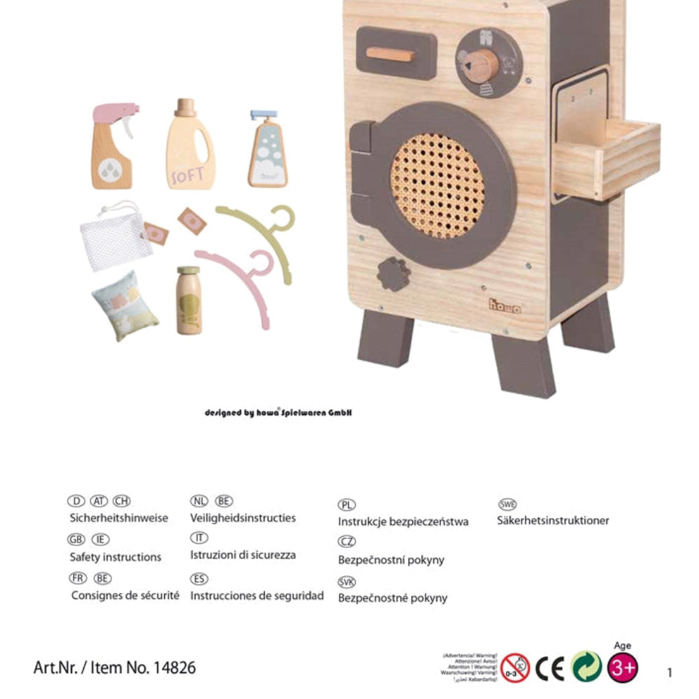 howa Kinderküche und Spielzeugwaschmaschine aus Holz natur, taupe inkl. 10tlg. Spielgeschirr & 10tlg. Zubehör für Kinderwaschmaschine 14824
