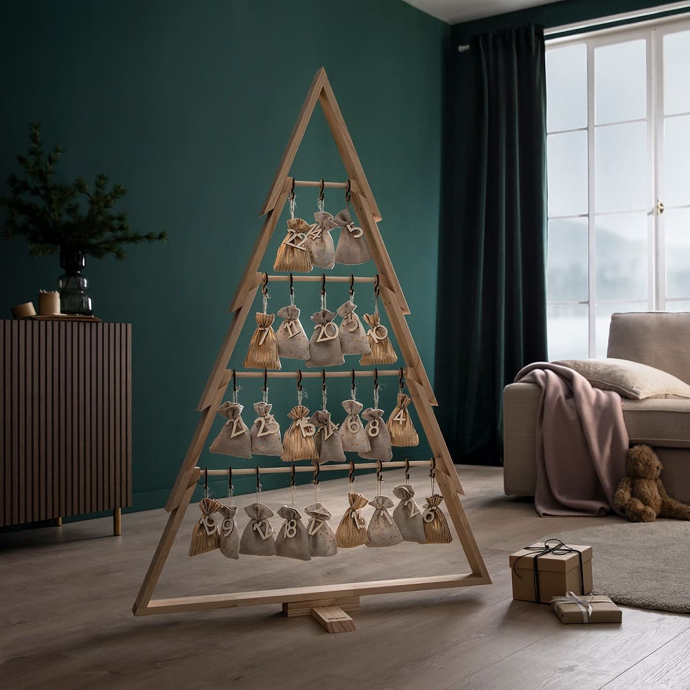 Sapin de Noël décoratif en bois howa avec calendrier de l'Avent – décoration d'Avent élégante et calendrier de Noël en un 8808