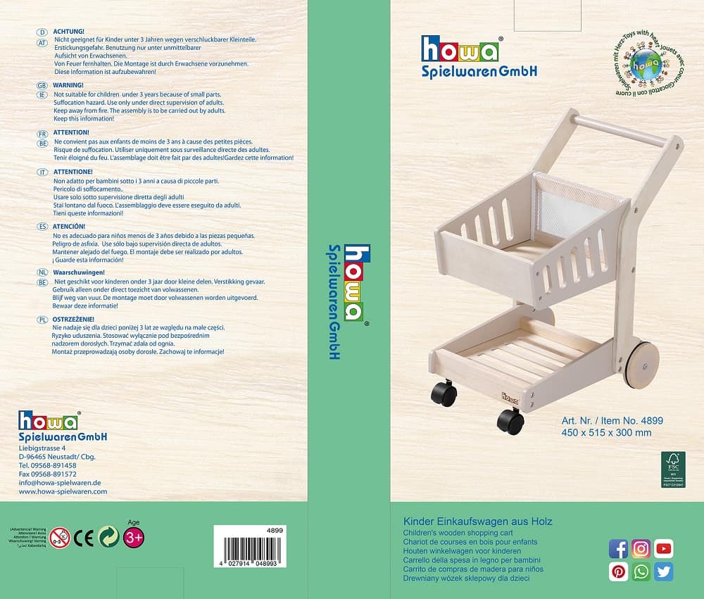howa Spielzeug Einkaufswagen aus Holz für Kinder – Kaufladen Zubehör natur, beige 4899