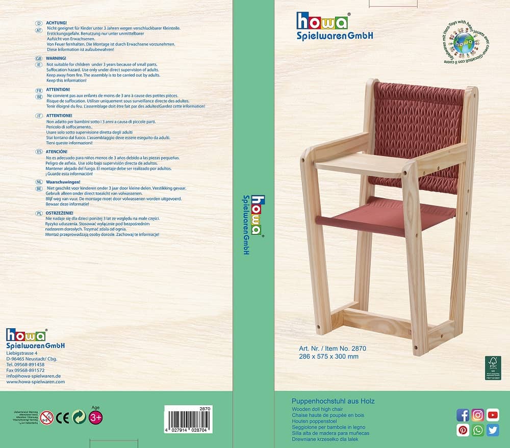 howa Puppenhochstuhl aus Holz "grace" - Hochstuhl für Puppen bis 50cm 2870