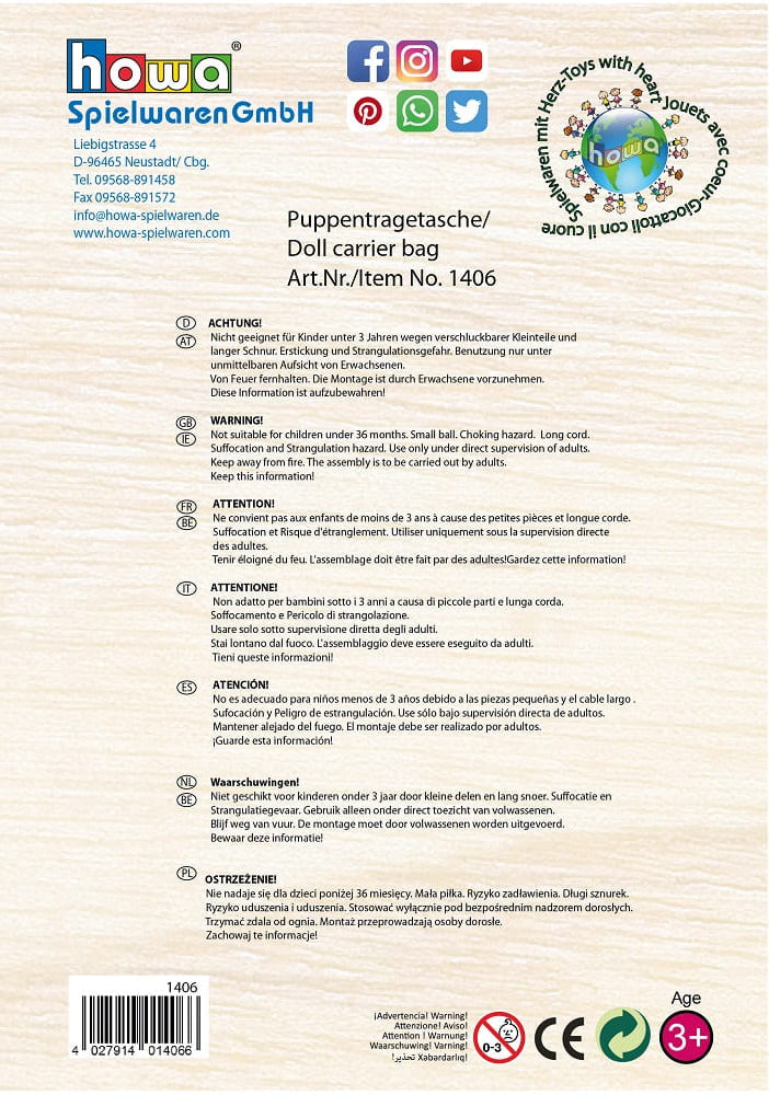 howa Puppentragekorb "miniflowers" Seegras inkl. Matratze für Puppen bis 50cm apricot 1406