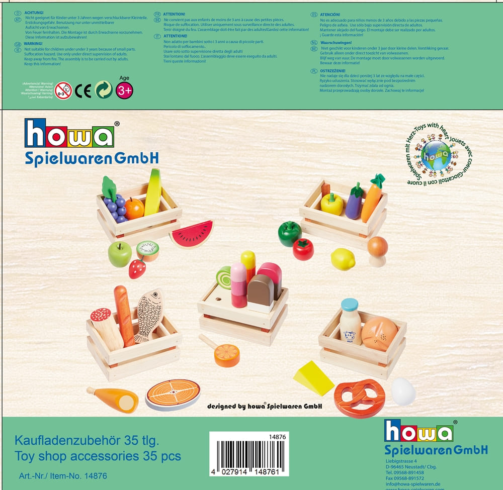 howa Kaufladenzubehör aus Holz Spiellebensmittel Set Gemüse, Obst, Backwaren, Eis uvm 14876