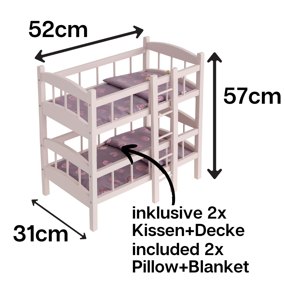 howa Puppenbett Etagenbett aus Holz "Rainbow" rosa inkl. 2x Bettzeug, malve, Glanzeffekt 24402