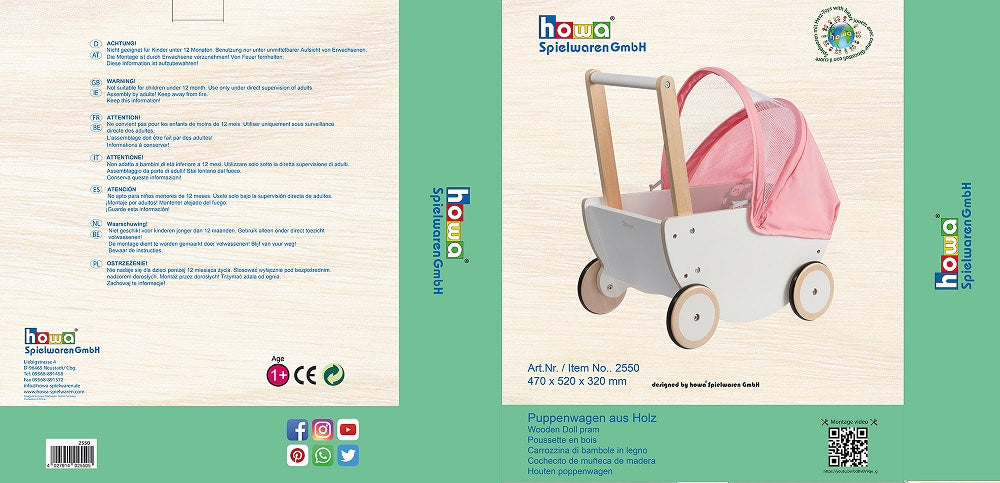 howa Puppenwagen aus Holz "Cozy Cactus" mit faltbarem Verdeck inkl. Matratze und Decke rosa 2550