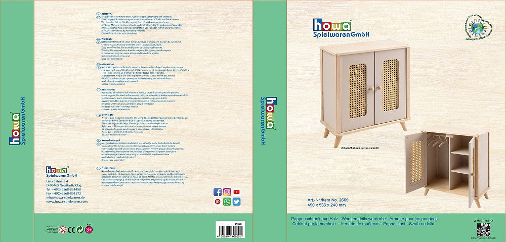 howa Puppenschrank aus Holz "miniflowers" Rattanoptik, inkl. 3 Kleiderbügeln 2660