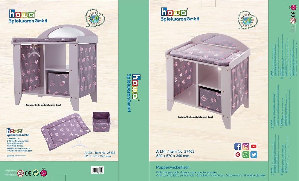 howa Puppenwickeltisch aus Holz "Rainbow" mit Spiegel, Auflage, Bügel, Korb, malve, Glanzeffekt 27402