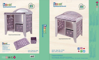 howa Puppenwickeltisch aus Holz "Rainbow" mit Spiegel, Auflage, Bügel, Korb, malve, Glanzeffekt 27402
