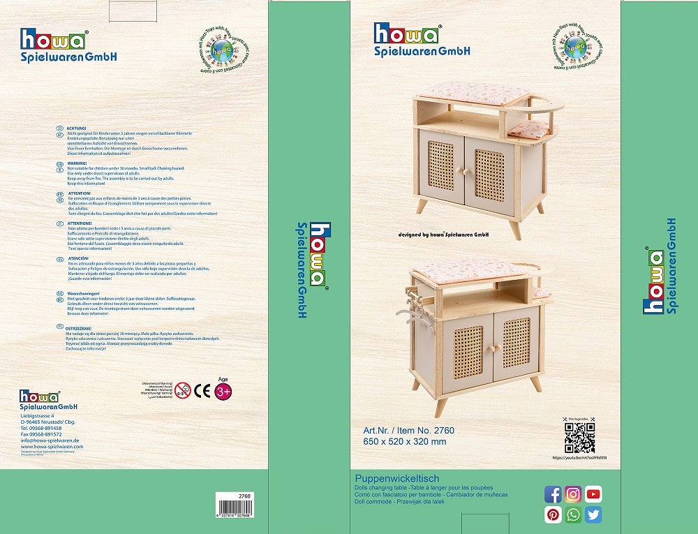 howa Puppenwickeltisch aus Holz "miniflowers" mit Puppensitz, Auflage, Bügel, apricot 2760