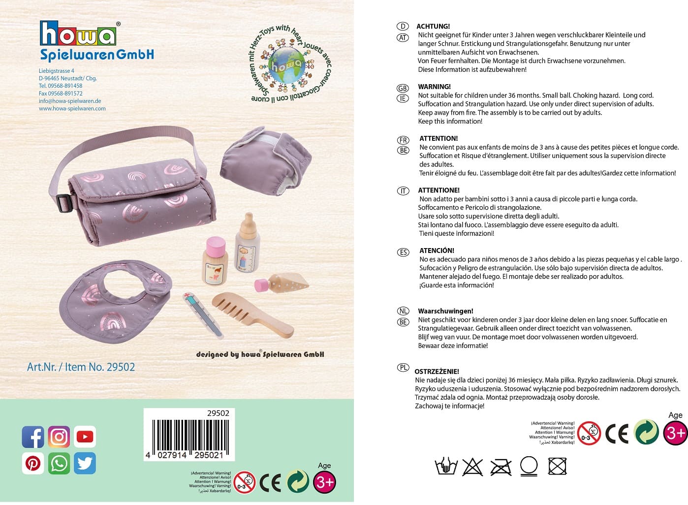 howa Puppenwickeltasche "Rainbow" inkl. 7 tlg. Zubehör malve, Glanzeffekt 29502