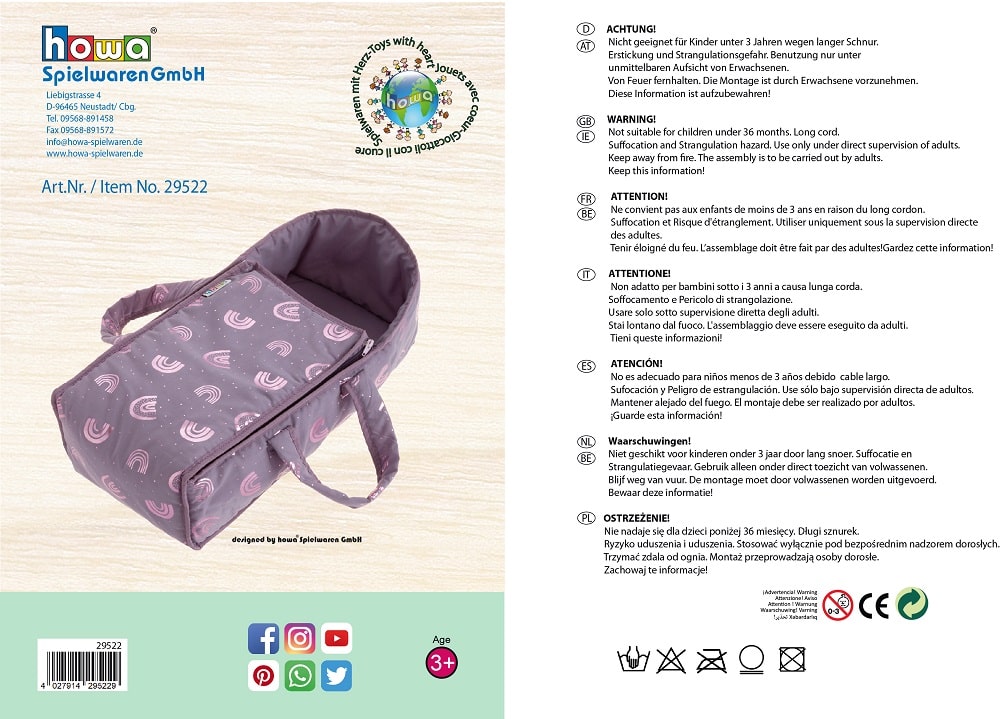 howa Puppentragetasche "Rainbow" für Babypuppen bis 48cm malve, Glanzeffekt 29522