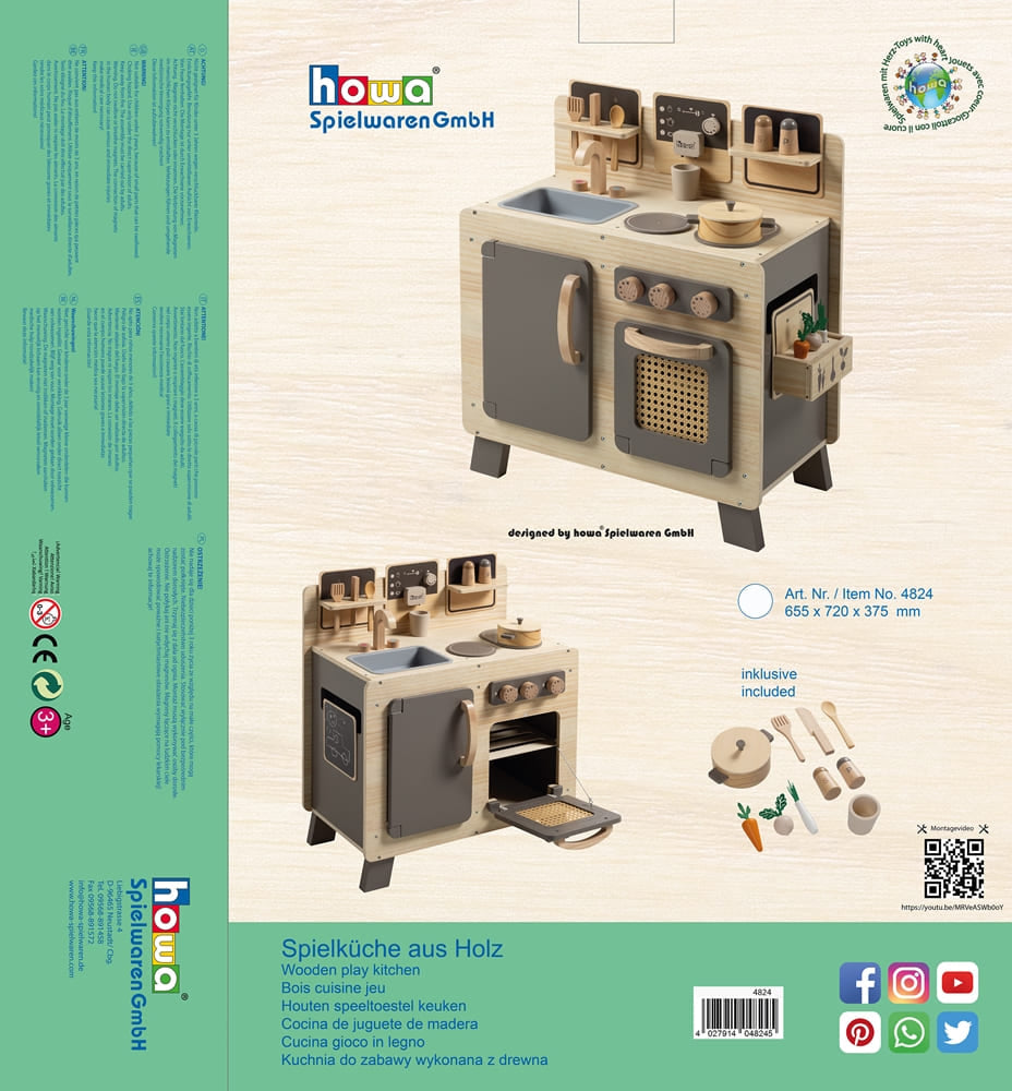 howa Kinderküche Spielküche aus Holz "FoodieFun dark" inkl. 10 tlg Kochzubehör 4824