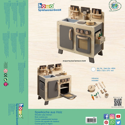 howa Kinderküche und Spielzeugwaschmaschine aus Holz natur, taupe inkl. 10tlg. Spielgeschirr & 10tlg. Zubehör für Kinderwaschmaschine 14824