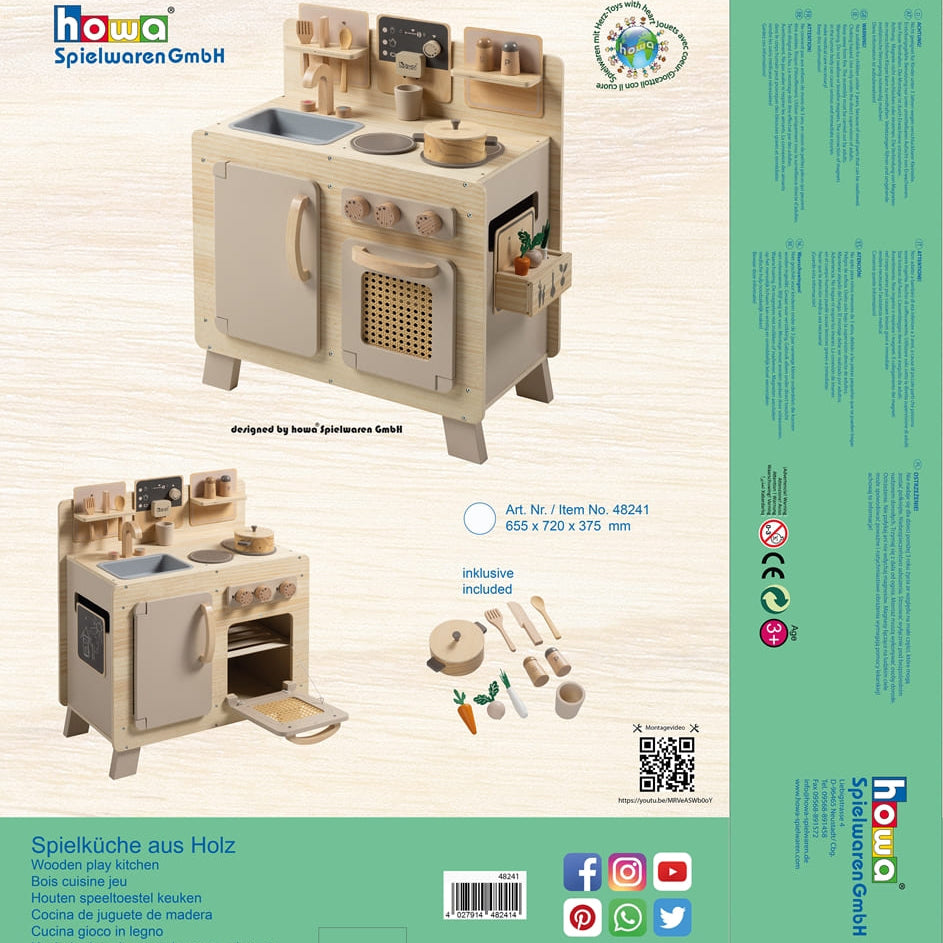 howa Kinderküche und Spielzeugwaschmaschine aus Holz natur, beige inkl. 10tlg. Spielgeschirr & 10tlg. Zubehör für Kinderwaschmaschine 48249