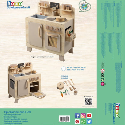 howa Kinderküche und Spielzeugwaschmaschine aus Holz natur, beige inkl. 10tlg. Spielgeschirr & 10tlg. Zubehör für Kinderwaschmaschine 48249