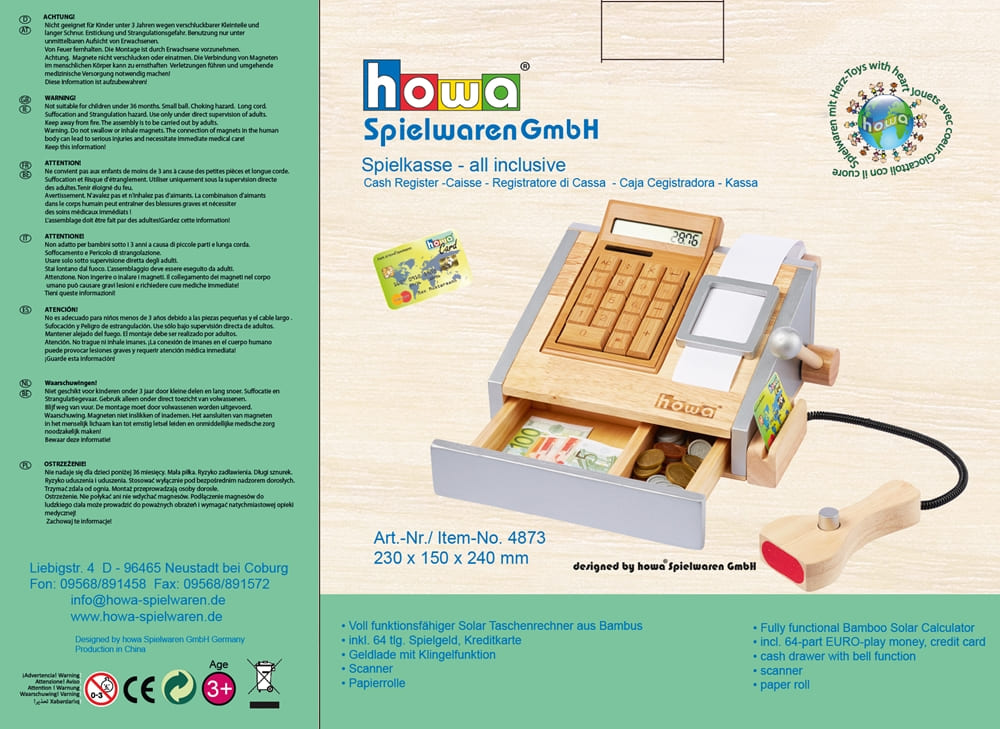 howa Kaufladenzubehör aus Holz Spielkasse mit Rechner inkl. 64 tlg. EURO-Spielgeld + Kreditkarte 4873