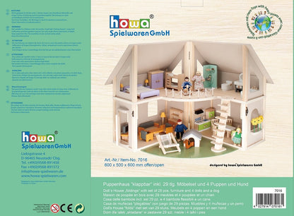 howa Puppenhaus aus Holz klappbar inkl. 30tlg. Möbelset, 4 Puppen und Hund 7016