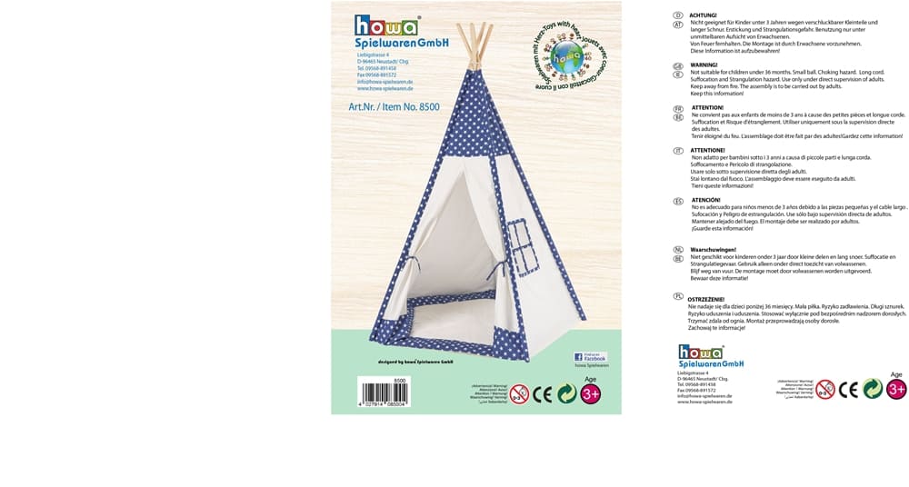 howa Kinderzelt Spielzelt Tipi "Stars" inkl. Bodenmatte blau, H185xB140xT120cm 8500
