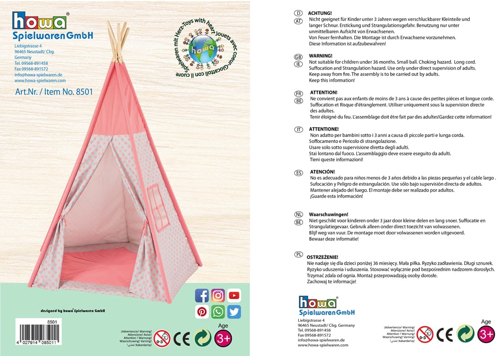howa Kinderzelt Spielzelt Tipi "Stars" inkl. Bodenmatte rosa, H185xB140xT120cm 8501
