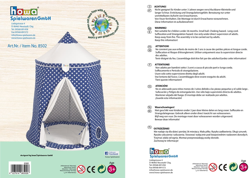 howa Kinderzelt Spielzelt "Stars" inkl. Bodenmatte blau, Höhe 140cm 8502