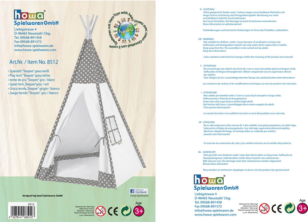 howa Kinderzelt Spielzelt Tipi "Stars" inkl. Bodenmatte grau, H185xB140xT120cm 8512