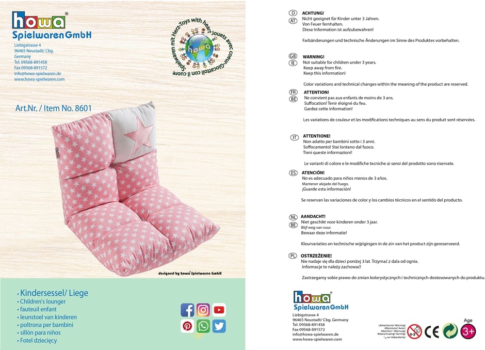 howa 2 in 1 Kindersessel + Kinderliege - Lehne 6 fach verstellbar "Stars" rosa 8601