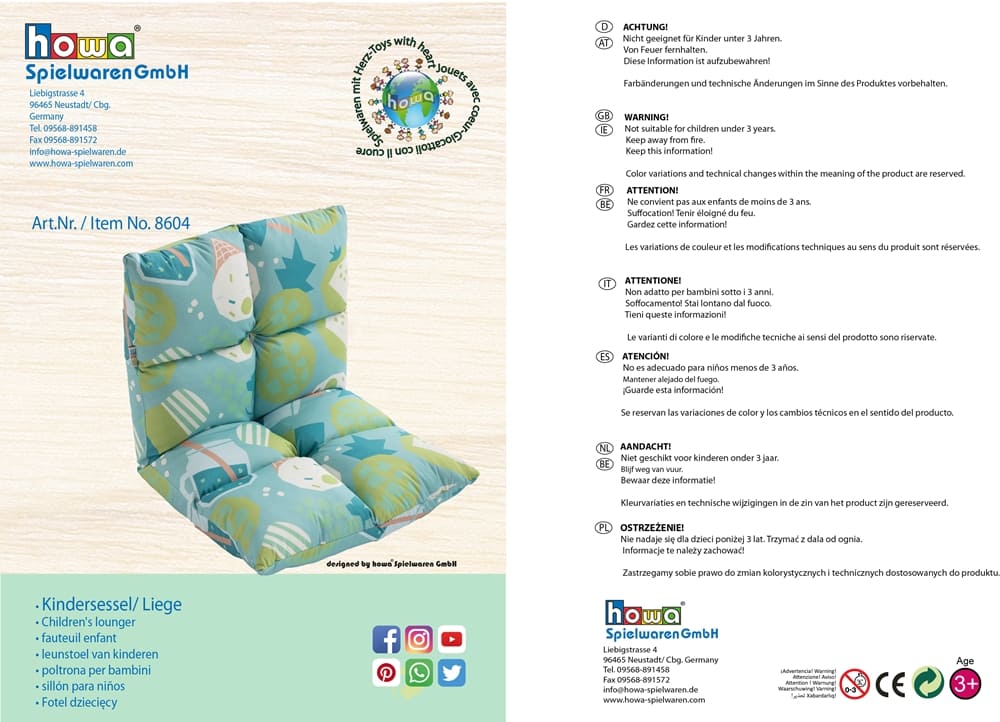 howa 2 in 1 Kindersessel + Kinderliege - Lehne 6 fach verstellbar "colorful blue" 8604