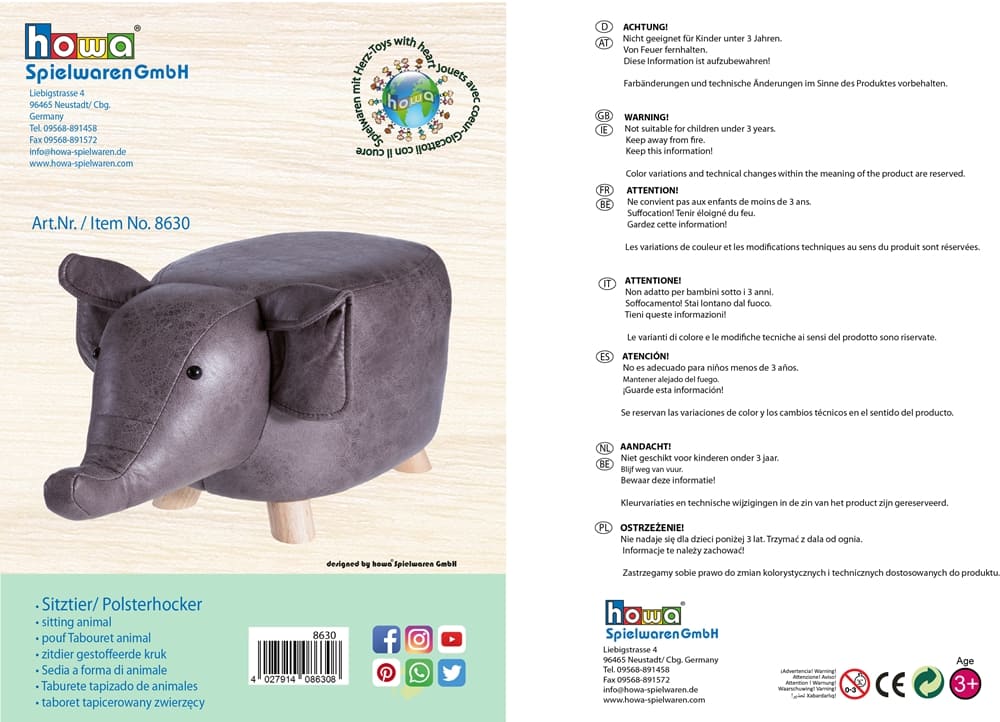 howa Sitztier Polsterhocker Tierhocker für Kinder Elefant  8630