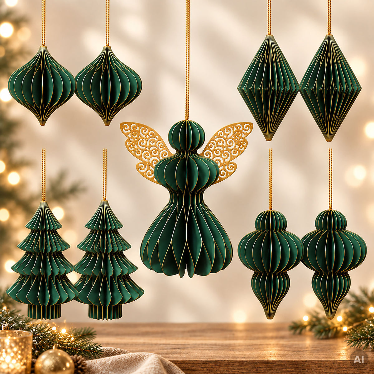 howa papieren kersthangers 9-delig, kerstdecoratie mosgroen-goud 8851