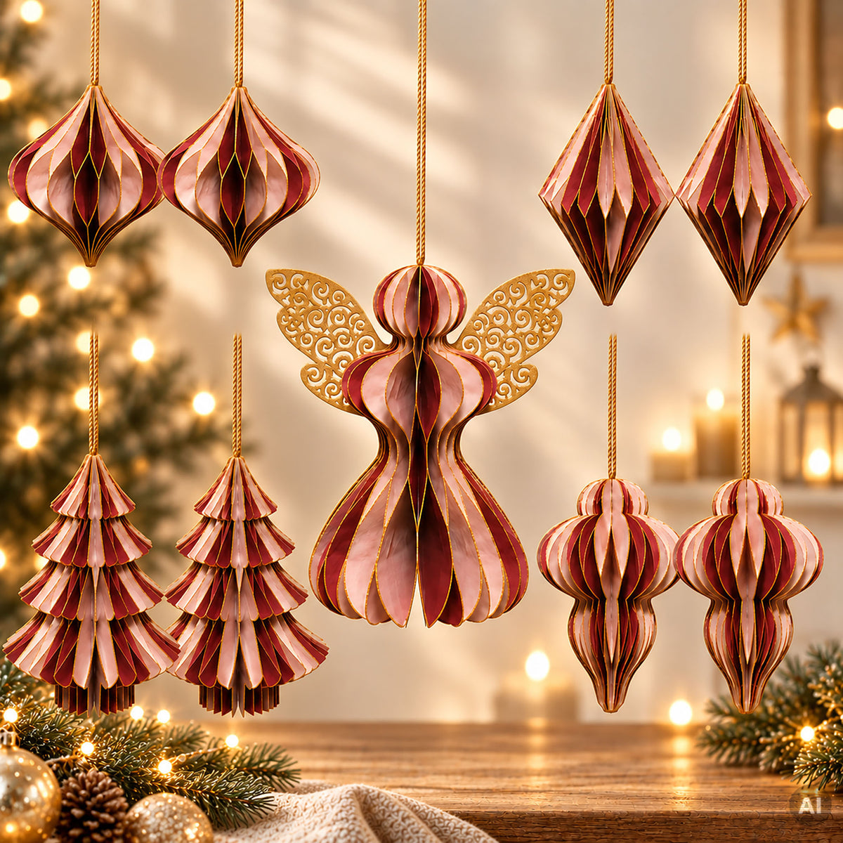 howa kerstversiering van papier, 9-delig, kerstdecoratie roze - mauve 8852