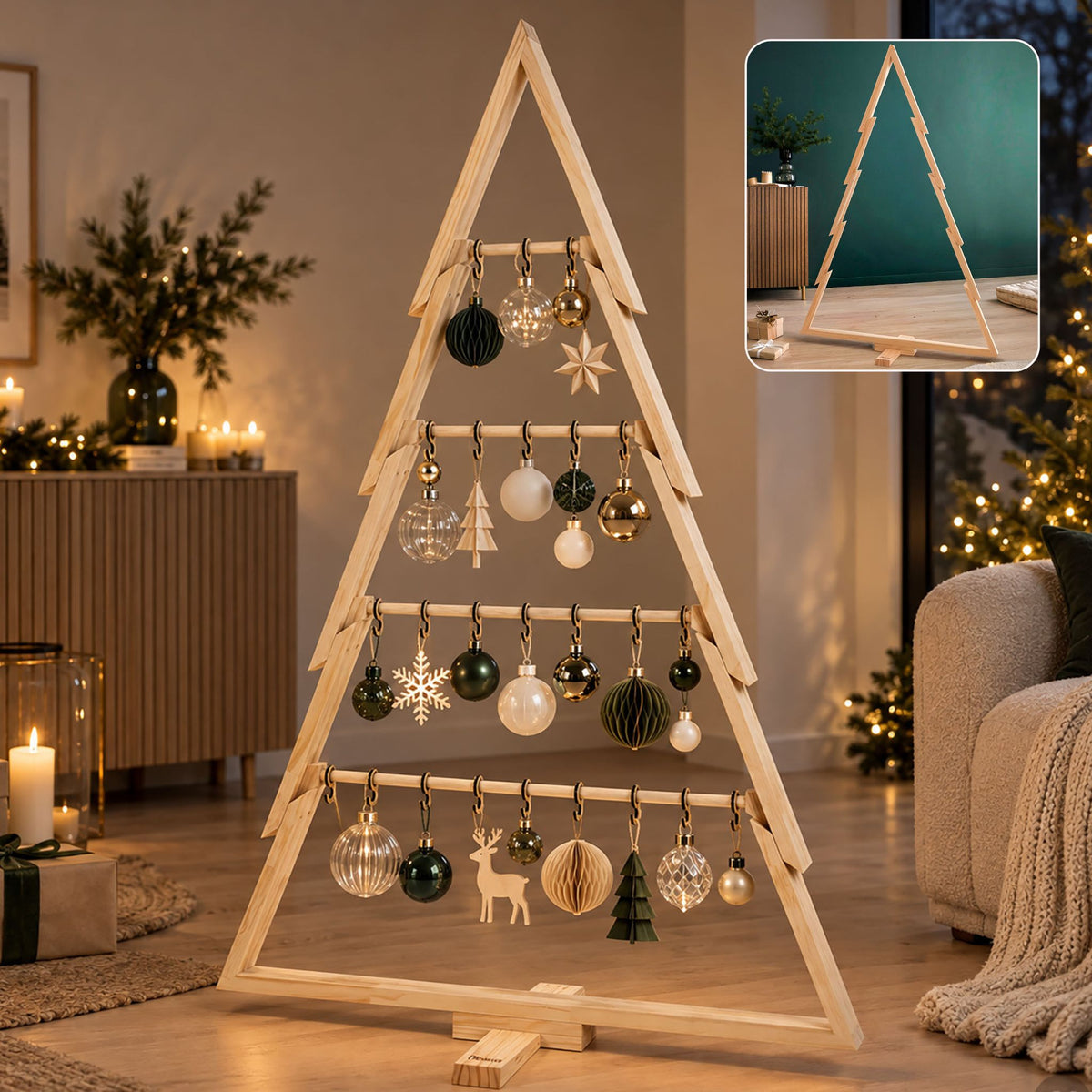 Deko Weihnachtsbaum aus Holz weihnachtlich geschmückt
