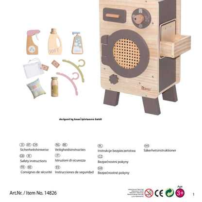 howa Kinderküche und Spielzeugwaschmaschine aus Holz natur, taupe inkl. 10tlg. Spielgeschirr & 10tlg. Zubehör für Kinderwaschmaschine 14824