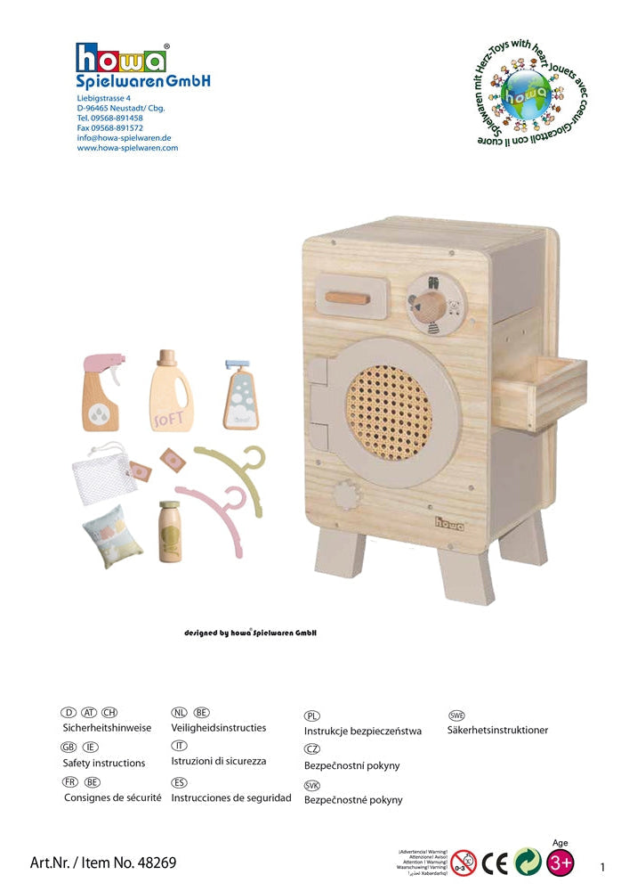 howa Kinderwaschmaschine aus Holz natur beige inkl Wäschepflege-Set 48269