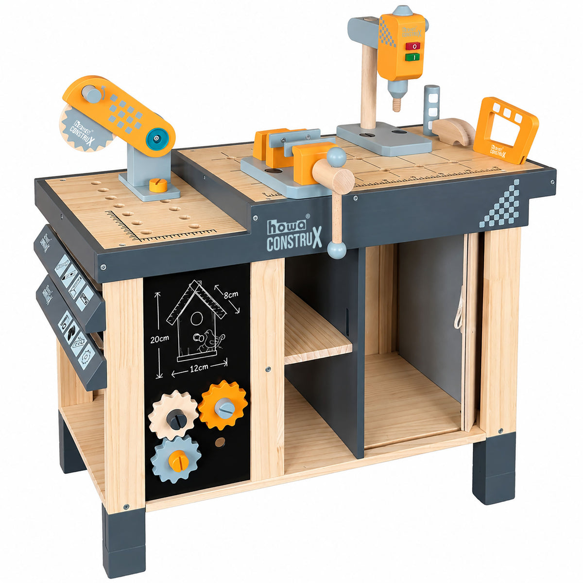 howa Kinderwerkbank CONSTRUX aus Holz – höhenverstellbare Werkbank mit Werkzeug und Zubehör 4909