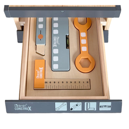 howa Kinderwerkbank CONSTRUX aus Holz – höhenverstellbare Werkbank mit Werkzeug und Zubehör 4909