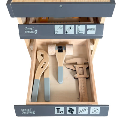howa Kinderwerkbank CONSTRUX aus Holz – höhenverstellbare Werkbank mit Werkzeug und Zubehör 4909