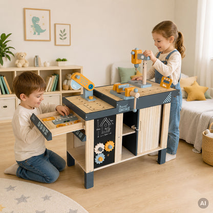 howa Kinderwerkbank CONSTRUX aus Holz – höhenverstellbare Werkbank mit Werkzeug und Zubehör 4909