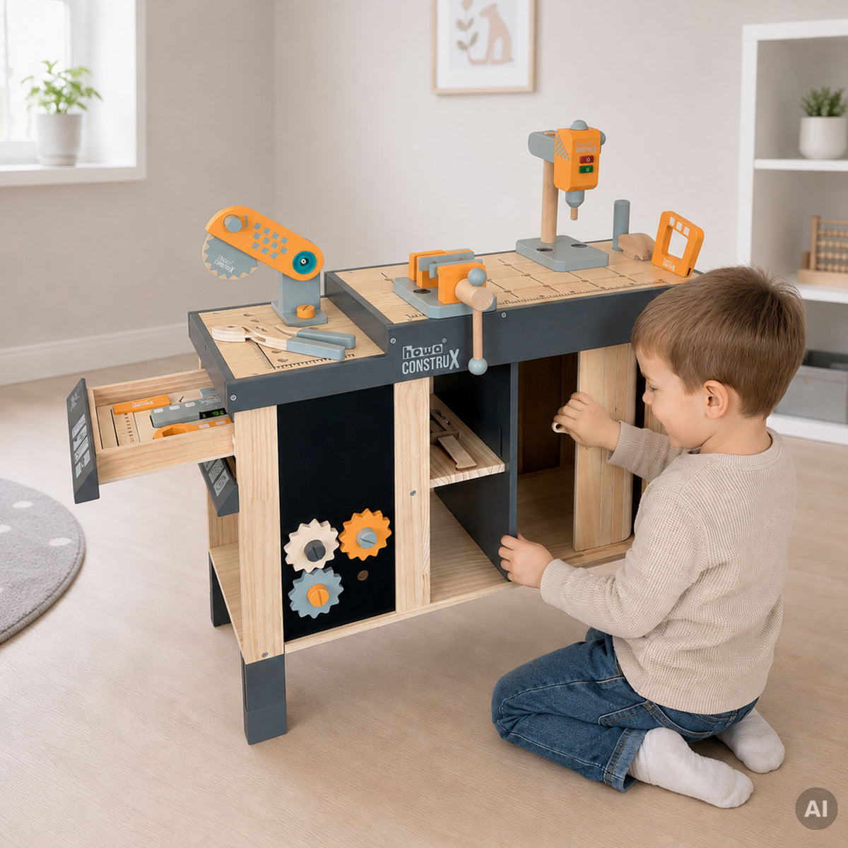 howa Kinderwerkbank CONSTRUX aus Holz – höhenverstellbare Werkbank mit Werkzeug und Zubehör 4909