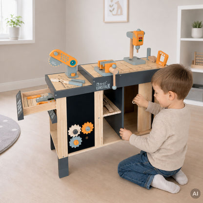 howa Kinderwerkbank CONSTRUX aus Holz – höhenverstellbare Werkbank mit Werkzeug und Zubehör 4909